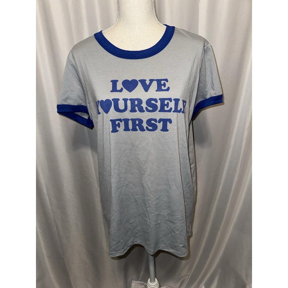 Lularoe Shirt Womens Size M Pullover Short Sleeve Love Yourself First Gray Blue
